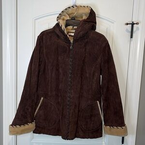 Quality warm brown suede Wilson’s leather hooded lined jacket whipstitch Medium